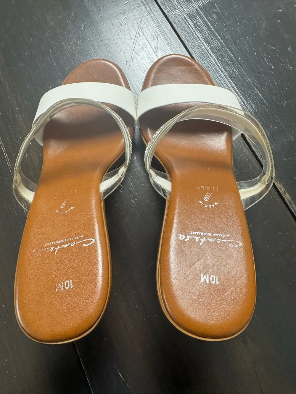 Clear Rhinestone and White Strap Brown Wedge Sandals